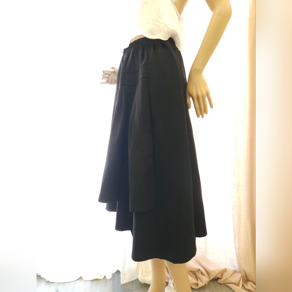 Elegant Black Elastic Waist Asymmetrical Double Layer Ruffled Hem Midi Skirt - Picture 1 of 16